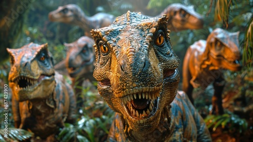 A group of dinosaurs in the jungle. Large dinosaurs on the background of the forest