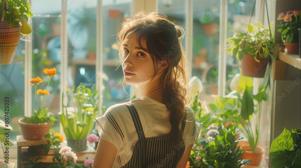 Young woman near a large window in a dark green striped apron with frills, light sunny in the room there are flowers. Generative AI. Young woman near a large window in a dark green striped apron with frills, light sunny in the room there are flowers. Generative AI.