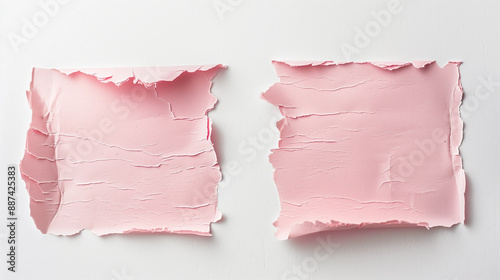 Two torn pieces of pink paper on white background..