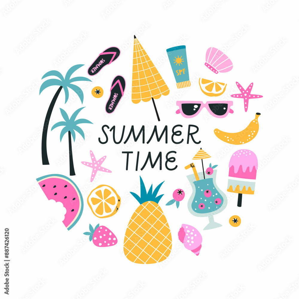 Fototapeta premium Handmade summer set. Ice cream, beach elements, cocktails. The inscription 
