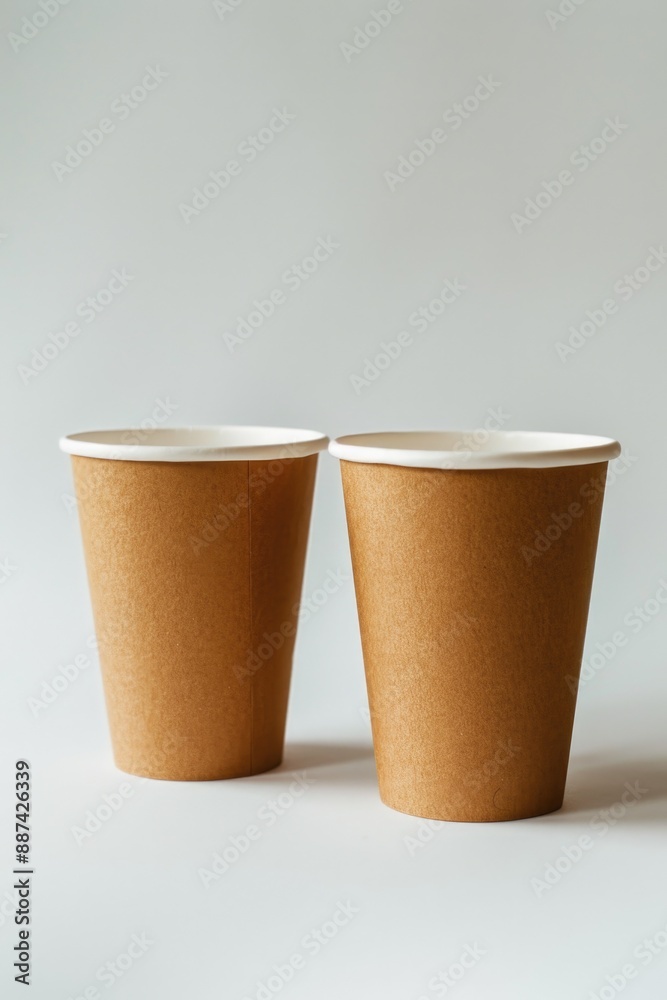 Two paper cups sit together on a surface, awaiting their contents Two paper cups sit together on a surface, awaiting their contents