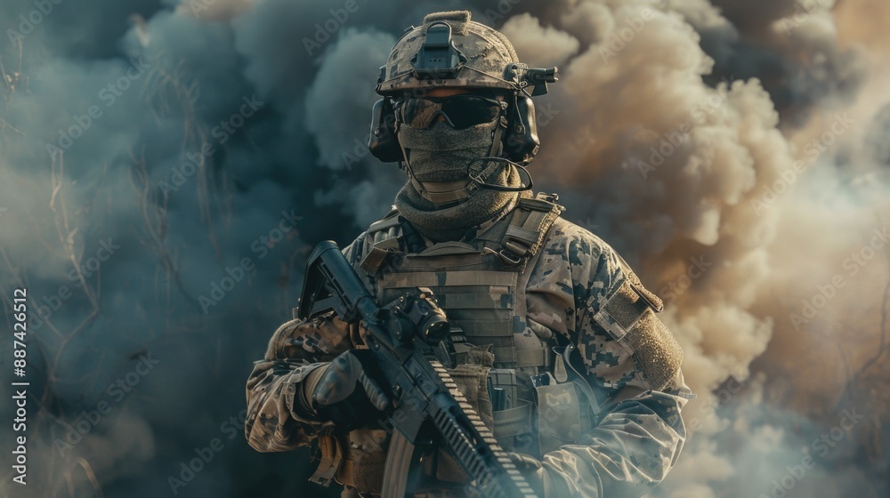 Military personnel standing in front of a cloud of smoke, ready for action Military personnel standing in front of a cloud of smoke, ready for action
