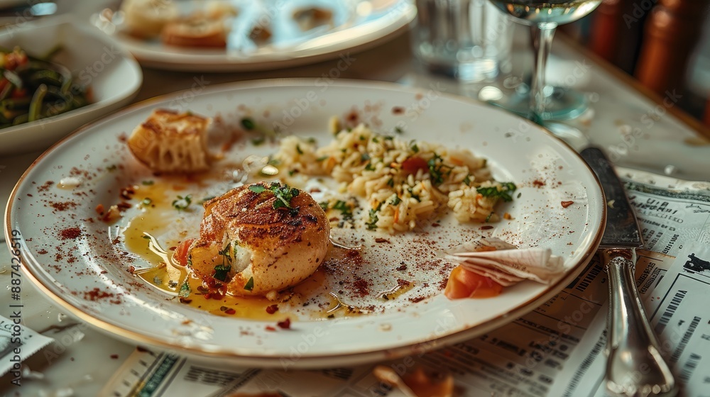 A half-eaten gourmet dish on an elegant plate, pushed aside in disappointment. Next to it, crumpled tickets and an unpaid bill. Generative AI. A half-eaten gourmet dish on an elegant plate, pushed aside in disappointment. Next to it, crumpled tickets and an unpaid bill. Generative AI.