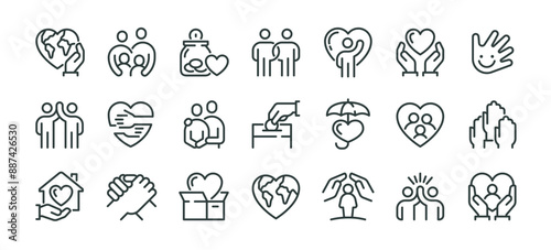 Premium Icons Pack on Human Care and Charity. Such Line Signs as Volunteering and Social Help, Support Kindness and Friendly Relations. Vector Icons Set for Web and App Outline Editable Stroke. photo