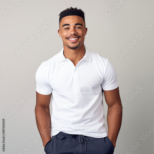 Handsome Young Man With Short Hair In White Polo Shirt Isolated On Neutral Background