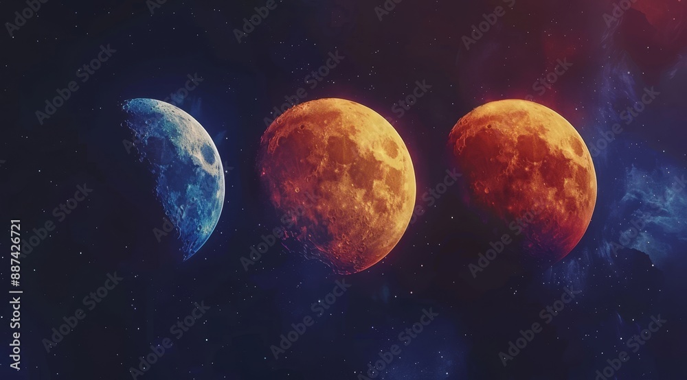 A captivating image of three moons in blue, red, and orange hues set against a deep, starry sky, showcasing celestial beauty. A captivating image of three moons in blue, red, and orange hues set against a deep, starry sky, showcasing celestial beauty.