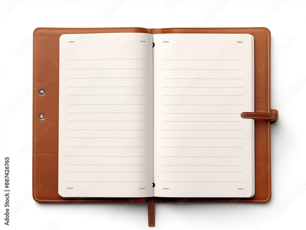 Open Leather Planner with Lined Pages on White Background Ready for Notes and Scheduling