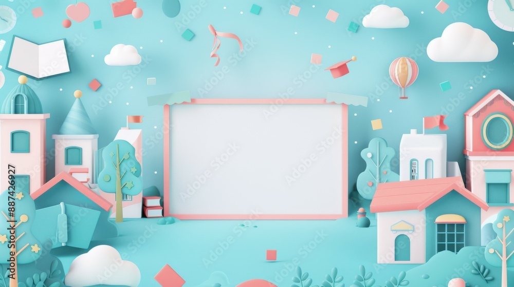 A charming minimalist backdrop showcasing a blank central frame bordered by cute, university-themed illustrations. The border is decorated with joyful items like happy school supplies, animated