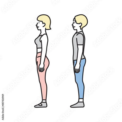 シンプル　イラスト　ピラティスのウェアを着た男女の全身