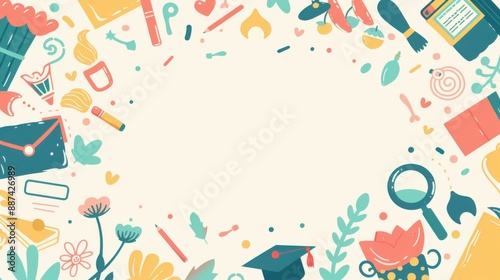 An inviting minimalist illustration with a blank central frame, bordered by cute, university-themed designs. The border is adorned with delightful elements like joyful school supplies, animated