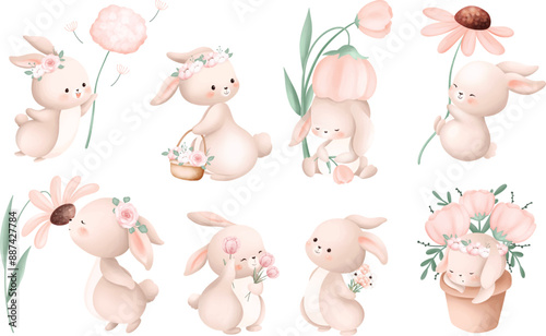 Watercolor Illustration Set of Cute Rabbits with Pink Flowers
