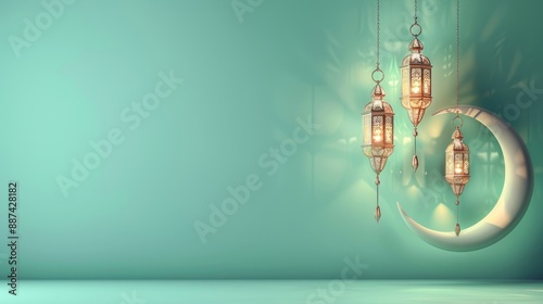 islamic greetings card ramadan kareem card design template background with beautiful lanterns and crescent moon on pastel green background