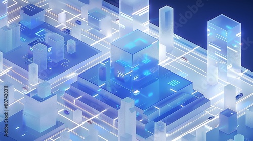 Blue and white, frosted glass style isometric illustration of an abstract tech building blocks