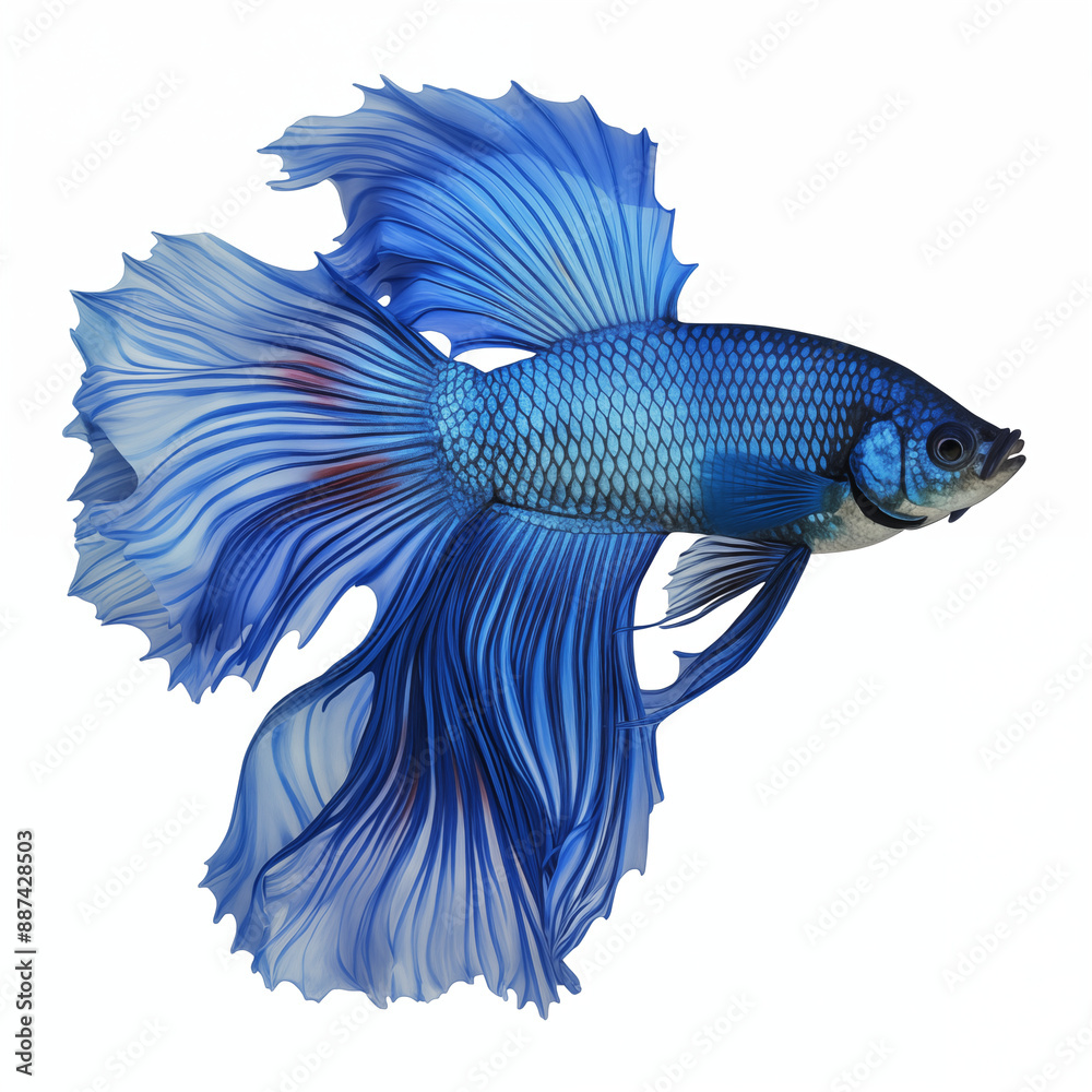 Fototapeta premium Bright Blue Betta Fish With Flowing Fins And Scales On A White Background