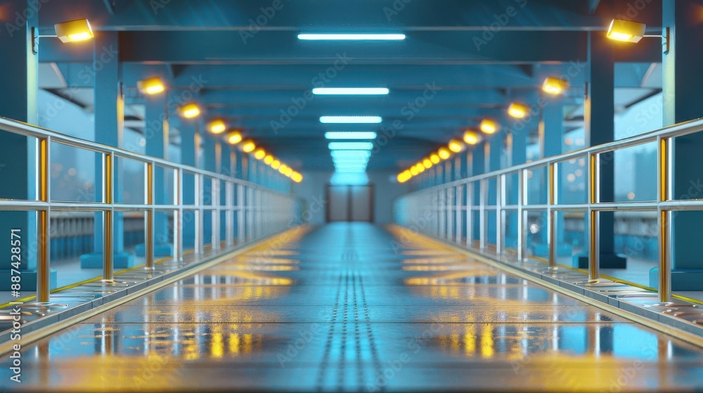 Obraz premium An empty pedestrian bridge at night with illuminated handrails and city lights