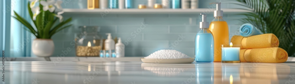 Aromatic Candles and Bath Salts on a Marble Bathroom Shelfultra HD Aromatic Candles and Bath Salts on a Marble Bathroom Shelfultra HD