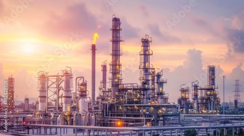 smart chemical oil refinery plant, power plant on blue sky background , Gas Oil depot, Crude Oil Refinery Plant Steel Pipe line and Chimney Cooling tower, Chemical or Petrochemical