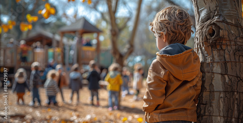 A lonely little boy watches other children play in the playground