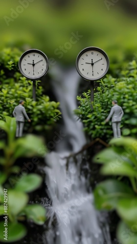 A crisp detailed photo of business figurines with clock faces arranged in a modern office diorama with walls made of cascading water and furniture crafted from realisticlooking plants creating a strik photo