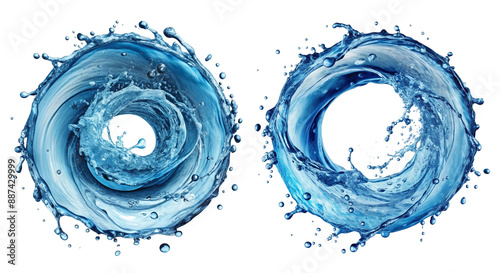 Blue water swirl splash with little bubbles isolated on white and transparent background, liquid flowing in form of wave, png