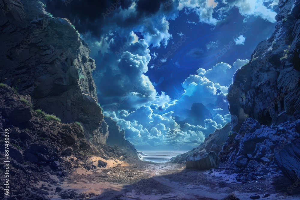 Fototapeta premium Rocky canyon landscape with a cloudy sky and distant body of water