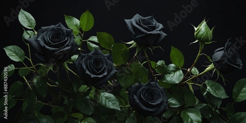 black roses ivy, vines, thorns green leaves black background toxic relationship toxic love concept.