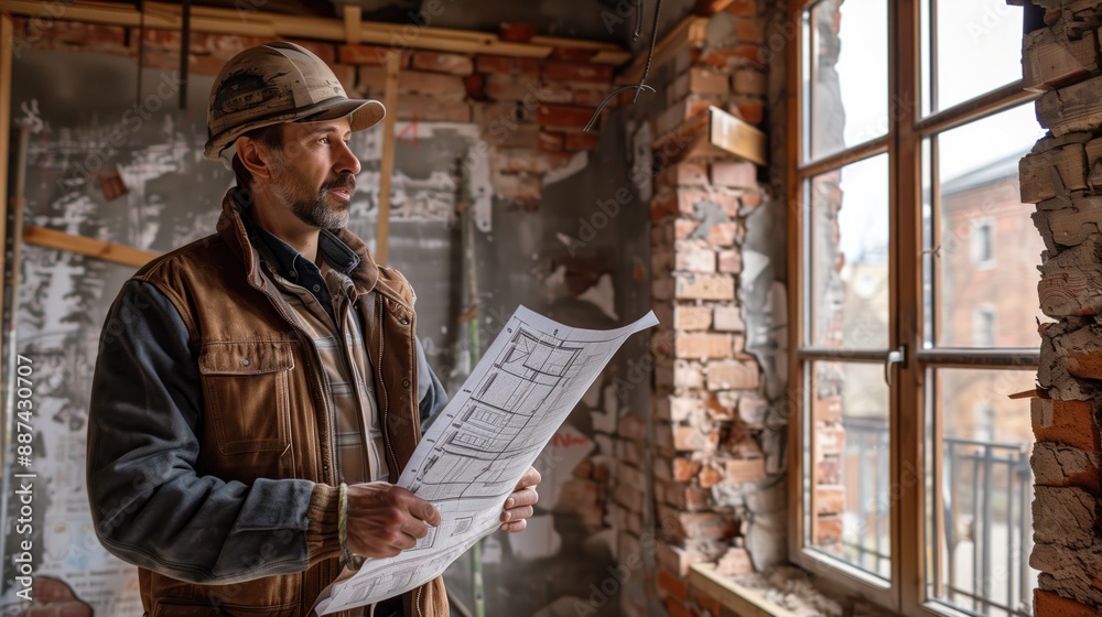 Construction worker examining architectural blueprints in a partially renovated brick building. Project planning, building renovation, architecture, construction industry, engineering, real estate. Construction worker examining architectural blueprints in a partially renovated brick building. Project planning, building renovation, architecture, construction industry, engineering, real estate.