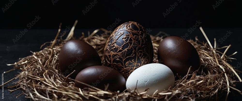 Fototapeta premium Black Background adorned with a chocolate easter egg in a nest and white easter eggs.