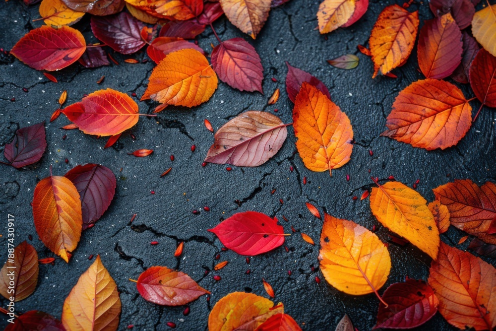 Array of colorful autumn leaves scattered on a wet ground surface. Array of colorful autumn leaves scattered on a wet ground surface.