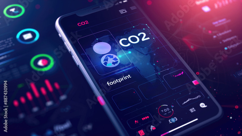 Smartphone displaying CO2 footprint tracking app with data analytics and world map visualizations. Environmental impact monitoring, carbon footprint reduction, sustainability. photo