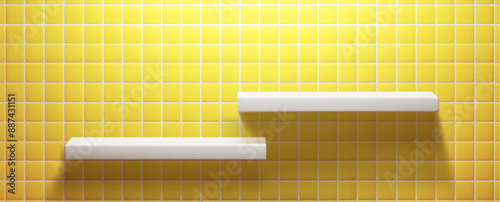 3d yellow kitchen shelf on tile wall background. Realistic minimal bathroom studio with shadow. Geometric pattern backdrop for showcase illustration. Empty ceramic pedestal in restroom abstract bg