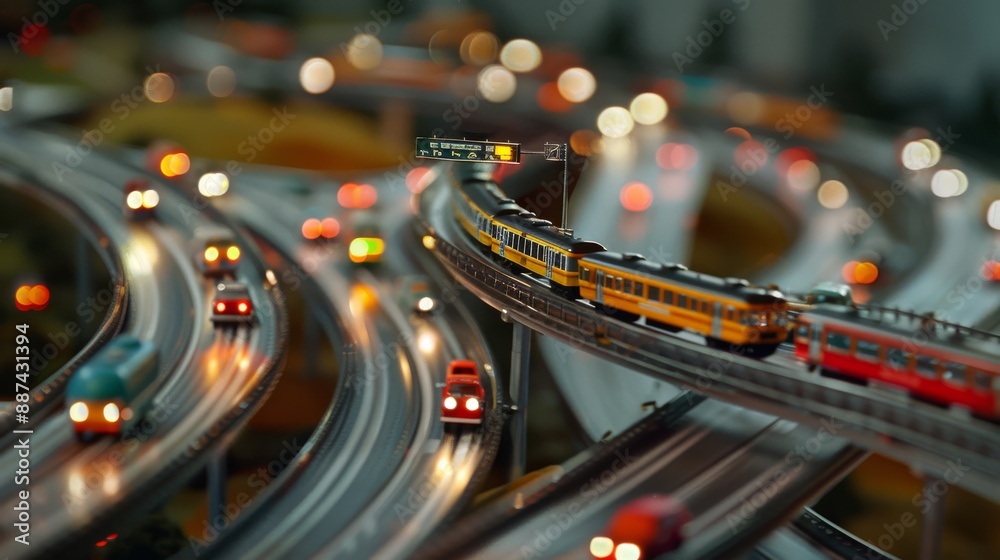 A crisp clear photograph of a highway system model spiraling into the sky with realisticlooking hovering cars and swimming bus figurines and trains traveling along light beams A crisp clear photograph of a highway system model spiraling into the sky with realisticlooking hovering cars and swimming bus figurines and trains traveling along light beams