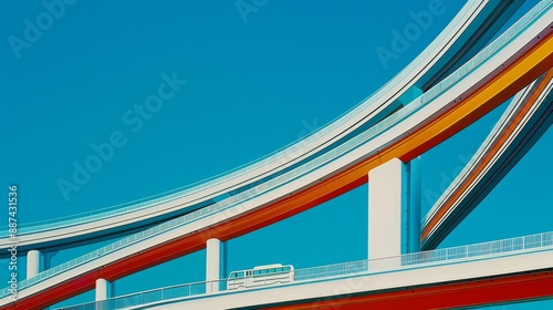 A crisp clear photograph of a highway system model spiraling into the sky with realisticlooking hovering cars and swimming bus figurines and trains traveling along light beams photo