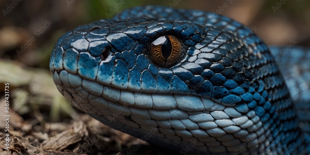 Fototapeta premium Blue viper snake closeup face Dangerous animal snake closeup.