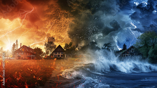 A collage showcasing various extreme weather events globally, highlighting the effects of climate change and global warming
