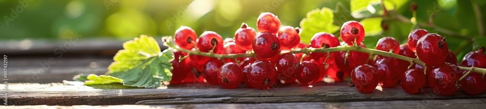 Fresh Red Currants on Wooden Table with Blurred Green Nature Background Fresh Red Currants on Wooden Table with Blurred Green Nature Background