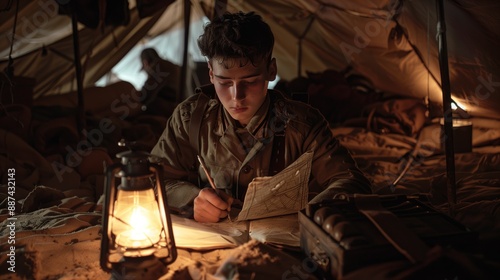 Soldier writing hit last will inside a dimly lit tent with a lantern during wartime. Historical documentation, soldier life, vintage military, wartime correspondence, personal reflections.