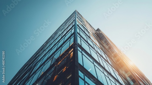 A close-up shot of a large loft-style tower, showcasing the intricate details of its glass windows and black industrial faÃ§ade, fully visible under a bright, sunny day photo