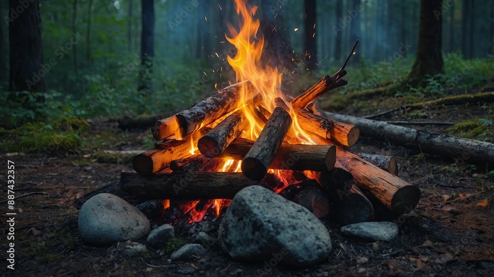 Bonfire in the forest A well-constructed campfire enclosed by stones with flames and sparks ascending into the woodland ambiance, ideal for outdoor adventure themes. Bonfire in the forest A well-constructed campfire enclosed by stones with flames and sparks ascending into the woodland ambiance, ideal for outdoor adventure themes.