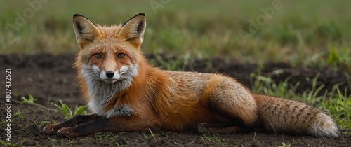 Bored young red fox, vulpes vulpes, lying down and stretching legs on agricultural field Cute wild animal resting in nature from front view Mammal with fur near den with copy space.
