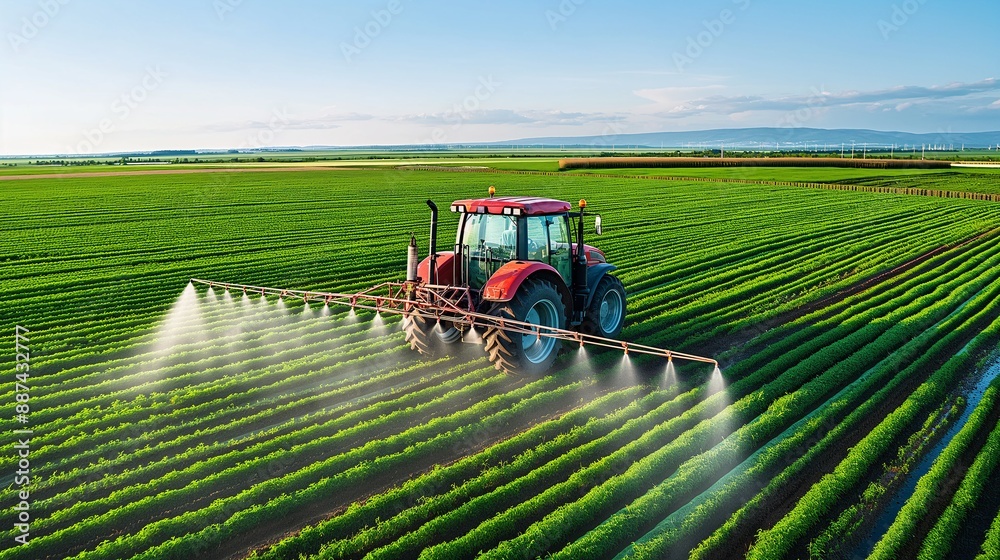 Fototapeta premium Agricultural scene of a tractor using a spraying system in a well-maintained green field.