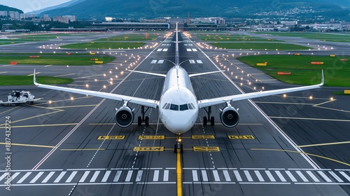 Aerial view of an airport with a plane on the runway, highlighting travel and aviation. photo