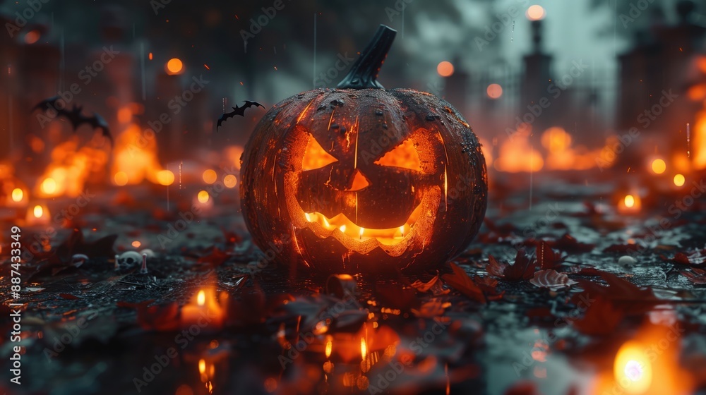 Naklejka premium Evil Halloween scene with a pumpkin head in a real cemetery, bats flying, and candles burning.