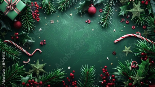 Design a festive holiday background with realistic Christmas tree branches, berries, stars, and candy canes forming a border, with season wishes in a central, prominent spot 