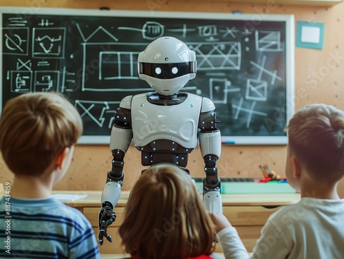 A classroom scene over the shoulder shot of three pupils following the teaching of a friendly humanoid robot, in front of a chalkboard, robot is explaining geometry on the chalkborad, warm colors, cin photo