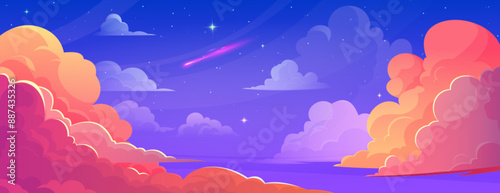 Anime style sky with clouds at night. Vector cartoon illustration of evening skyline with beautiful orange and purple cloudscape and bright stars, heavenly background, fantasy dream flight backdrop