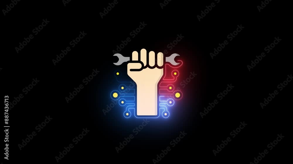 Glowing neon line Settings in the hand icon isolated on black background. 4K Video motion graphic animation.
