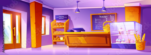 Bakery shop interior with pastry on shelves. Contemporary vector cartoon illustration of large room with window and door, fresh bread, baguette, croissants, cake, beverages menu on wall, cash register