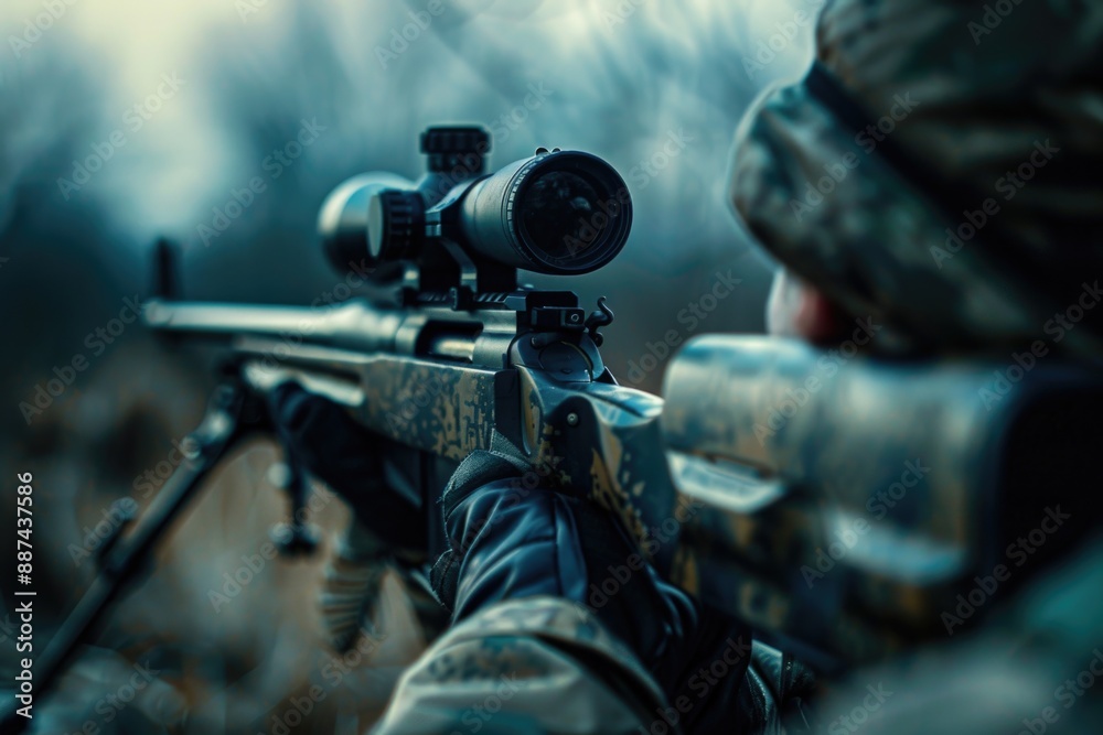 A person in camouflage clothing holds a rifle and aims it, possibly for hunting or military purposes A person in camouflage clothing holds a rifle and aims it, possibly for hunting or military purposes