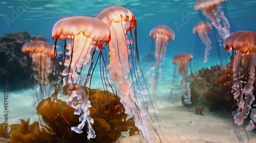 A group of jellyfish under water